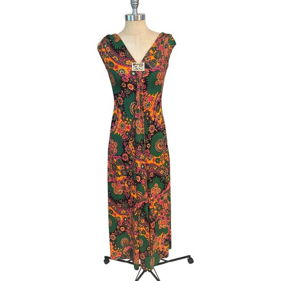 Vintage 70s Floral Paisley Retro Maxi Dress W/ Gold Buckle Detail Fits 4 6 Sml - Picture 1 of 7